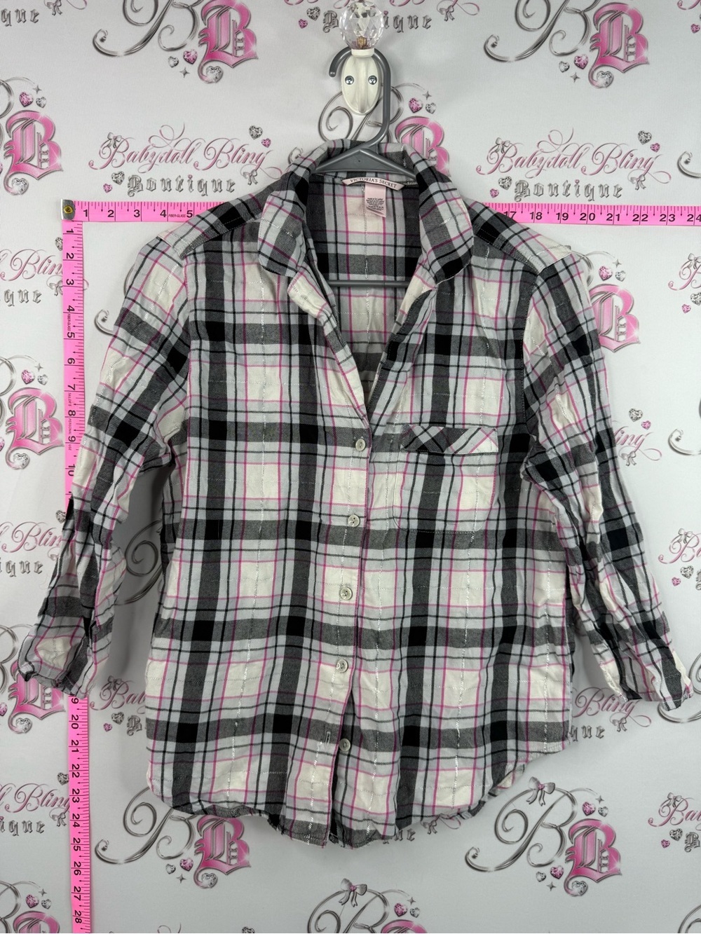 Victoria's Secret button up shirt Gray, White & Pink Plaid Button-Up Shirt